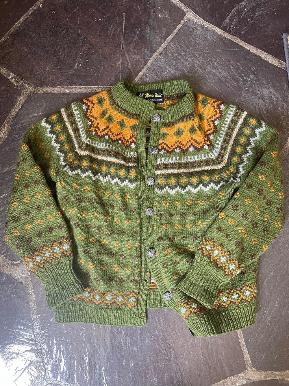 Green Norse Knit Cardigan with Mustard Accents